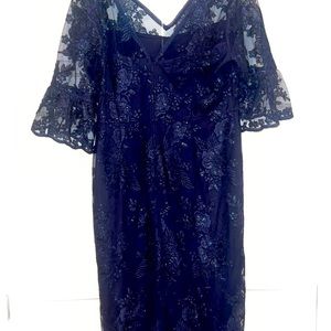 Navy Blue Adrianna Papell sequin floral embroidered dress. Excellent condition.